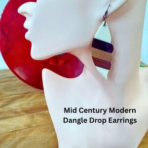 Mid Century Modern Drop Dangle Earrings of Bone, Wood and Horn